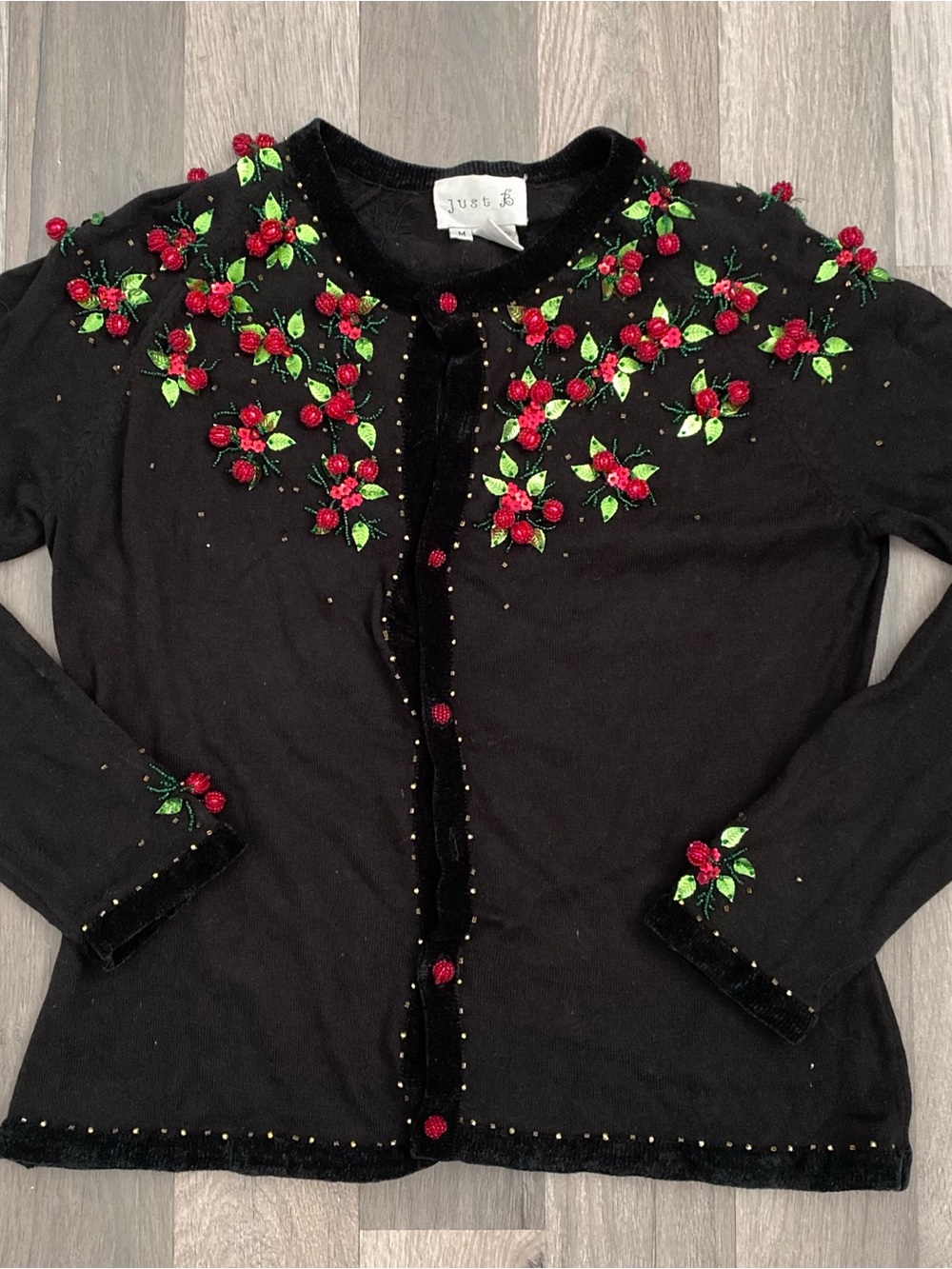 Vintage 1990s Just B Sequin Glam Cherry Fruit 3D Beads Granny Teacher Cardigan M